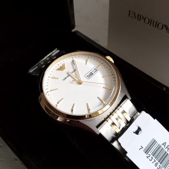 Emporio Armani Zeta AR11034 White Dial Gold Tone Bezel Metal Bracelet Mens Watch - Picture 2 of 15